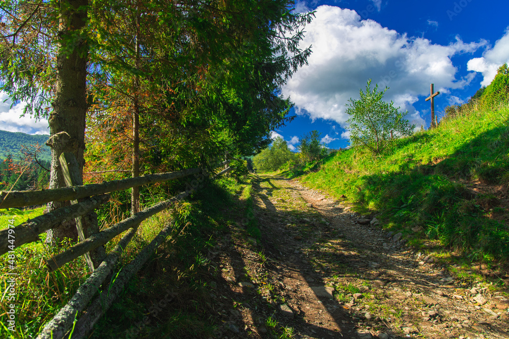 Poster summer picturesque vibrant landscape of fairy tale green hills and dirt foot path with rural wooden 