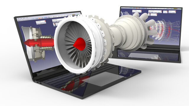3D rendering - design an airplane jet engine on a laptop