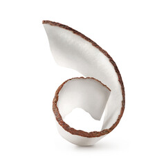 Coconut shavings on a white background. Сurl pieces Coconut isolated on the background as a...