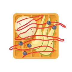 Vector illustration of a Belgian waffle with a ball of ice cream, pears, blueberries and strawberry sauce.