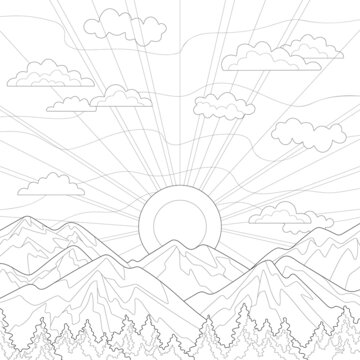 Sunrise in the mountains, forest, trees, clouds, sky, sun's rays. Stylized  landscape on a white isolated background. For coloring book pages. Stock  Vector