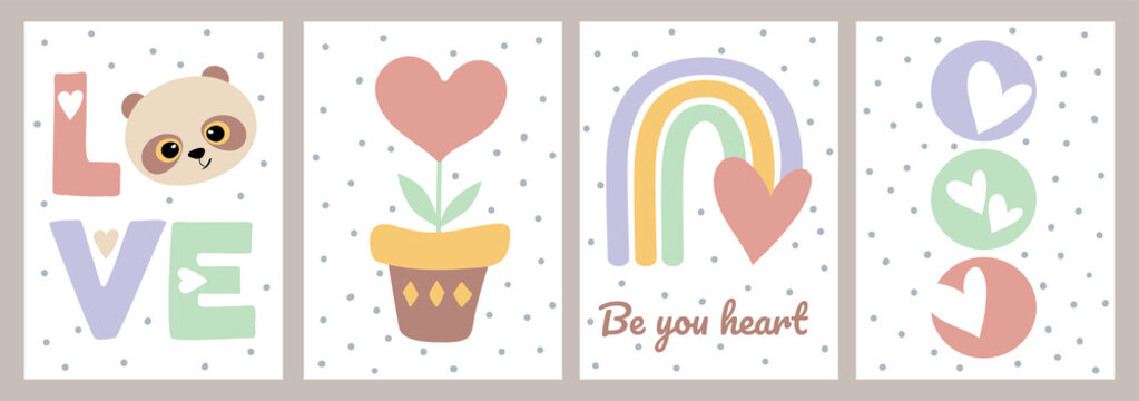 Set of creative illustrations in minimal flat style with panda, heart and rainbow. Wall art concept of love. For postcard, poster, children's room decoration.