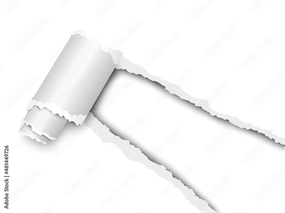 Wall mural torn, snatched window placed diagonally from lower right corner in white paper with paper curl. whit