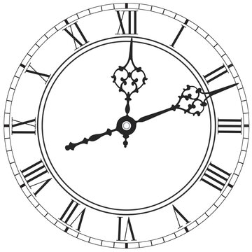 Elegant clock face with roman numerals placed on white background