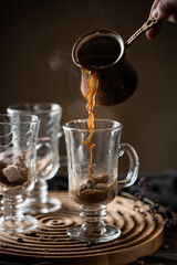coffee latte process brewing on a wooden board. High quality photo