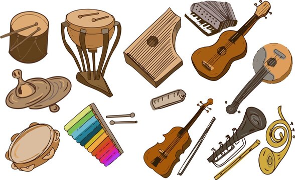 Musical instruments color vector illustration hand drawn music holiday orchestra folk instruments guitar violin. Set of individual elements on a white background. Music festival concert 
