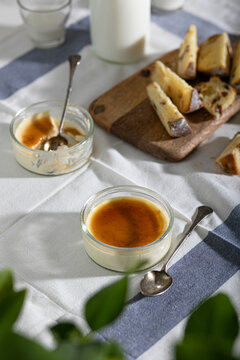 Creme brulee. Traditional French vanilla cream dessert. Burned cream, burnt or Trinity creme. Spanish crema catalana