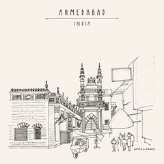 Vector Ahmedabad, Gujarat, India artistic postcard. A mosque near Gandhi road. Old buildings and rickshaw (riksha, tul tuk). Travel sketch. Vintage hand drawn touristic poster, brochure illustration