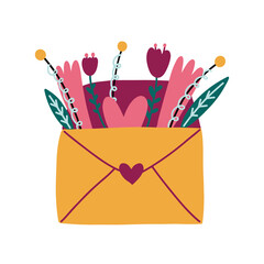 Envelope letter with flowers heart.  Romantic vector hand drawn doodle element