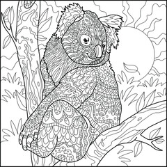stylized cartoon koala bear sits among the leaves of a tree © Valerii