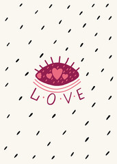 Valentine's Day Postcard Lettering Text Love. Vector illustrated hand drawn doodle eye heart dots. Romantic greeting digital card