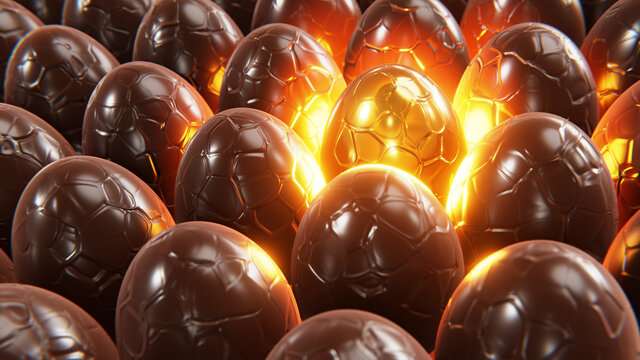 Realistic 3D Illustration Of The Single Shining Gold Easter Egg Surrounded By Chocolate Eggs Rendered As Easter Background