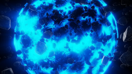 Realistic closeup 3D illustration of the blue neutron star with drifting asteroids