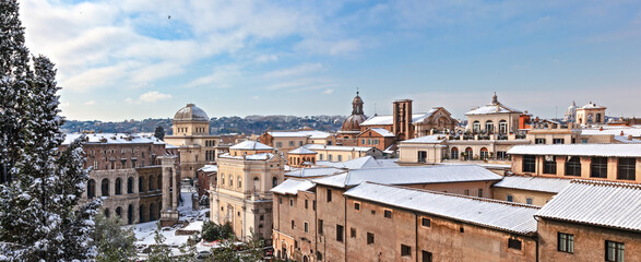 Theatre of Marcellus and Porticus Octaviae with snow, Rome, Italy
