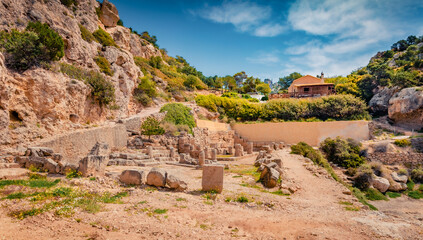 Colorful spring view of historical landmark - West Court of Heraion of Perachora. Amazing morning...