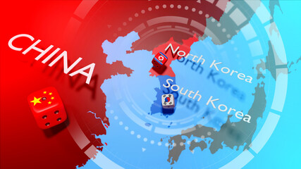 Korea crisis map. North Korea and South Korea military conflict. Geopolitical concept.