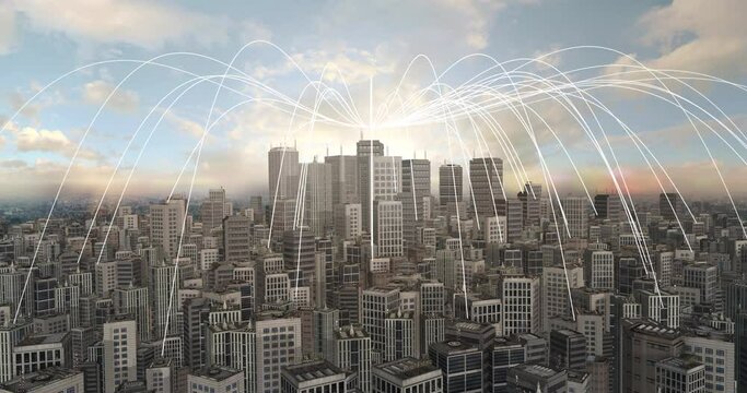 Crowded City Connected With 5G Mobile Wireless Network. Big Data And High Speed Internet 4K 3D Concept.
