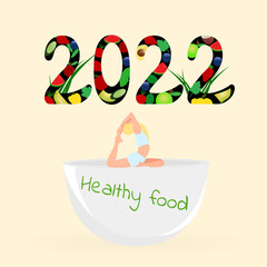 woman does yoga and plans to eat right in 2022. Concept of a healthy lifestyle. Natural ingredients and a source of nutrients for good health. Vector illustration