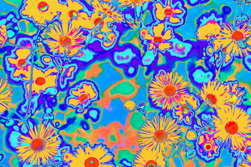 Fototapeta na wymiar Bright psychedelic colored orange summer flowers in abstract style on mint blue background. Night club party Poster, Rave music festival or disco dance flyer design. Groovy 60s vibe floral pattern