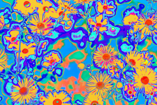 Bright psychedelic colored orange summer flowers in abstract style on mint blue background. Night club party Poster, Rave music festival or disco dance flyer design. Groovy 60s vibe floral pattern