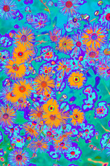 Fototapeta na wymiar Bright psychedelic colored orange summer flowers in abstract style on mint blue background. Night club party Poster, Rave music festival or disco dance flyer design. Groovy 60s vibe floral pattern