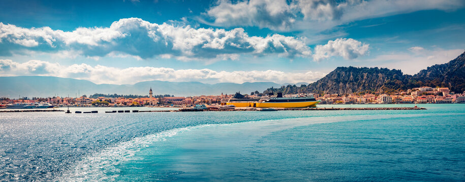 Panoramic morning cityscape of Zakynthos port. Superb summer scene of Ionian Sea, Zakinthos island, Greece, Europe. Traveling concept background.