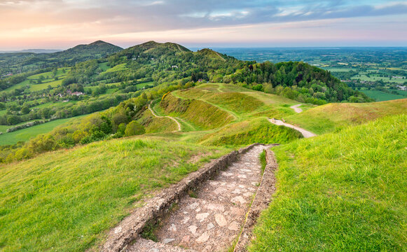 Stone steps and winding pathways running across Malvern Hills,Worcestershire,England,United Kingdom.