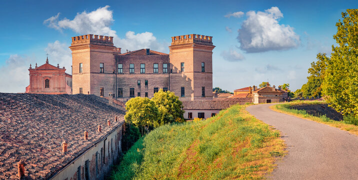 Wonderful summer view of Castle of Mesola. Bright morning cityscape of Mesola town, Italy, Europe. Traveling concept background.