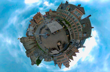 little planet view of the old town of Ghent in Belgium. On an overcast day with no camera in view.