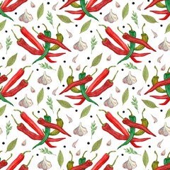 Watercolor seamless pattern with chili peppers, garlic and spices