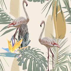 Fototapety  Flamingo on a vintage yellow background, jungle. Seamless pattern with flamingos and tropical plants and flowers.  Colorful pattern for textile, cover, wrapping paper, web.