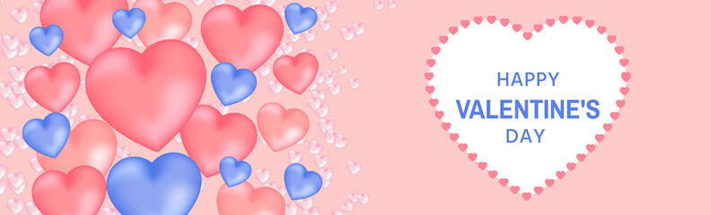 Happy Valentine's Day holiday banner. Valentine's day concept of 3d hearts on a white background. Cute abstract geometric hearts. Valentine's day greeting card vector illustration template. 