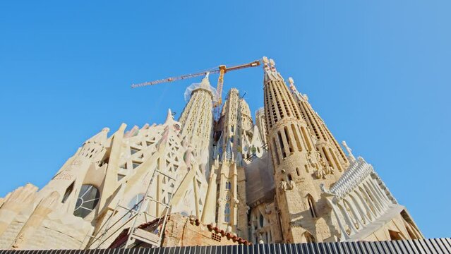 The large magnificent Cathedral Sagrada Familia in the heart of Barcelona, ​​created by the artist Gaudi