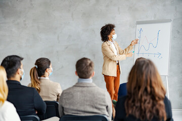 Businesswoman seminar and presentation. An African American corporate businesswoman with a face mask standing next to a chart board and pointing at statistics in front of the people.
