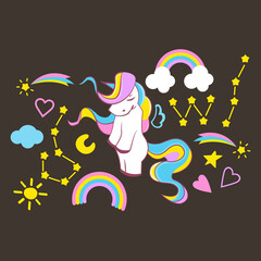 Unicorns collection. Illustration of cute cartoon multi colored Unicorn with rainbow mane. Vector format