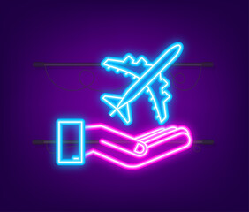 Airplane hand neon icon, great design for any purposes. Hand drawn paper airplane. Continuous line drawing. Vector icon.