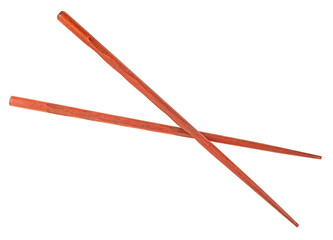 Wooden chopsticks isolated on a white background, top view. Brown color.