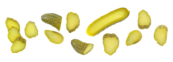 Slices of pickled cucumber isolated on a white background, top view. Delicious marinated cucumbers.