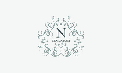 Exquisite floral logo with elegant letter N. Business sign, identity monogram for restaurant, boutique, hotel, heraldic, jewelry