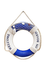 Lifebuoy wooden decoration with words Welcome on board in english, isolated on white