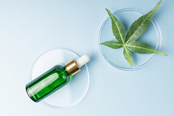Glass bottle with cbd oil on blue background with marijuana leaf. Hemp based cosmetics. Natural...