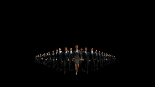 Businessmen lead by a businesswoman, hd, against black