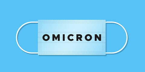 Variant Omicron. Covid 19. Medical mask with text on blue background. Vector illustration, flat design
