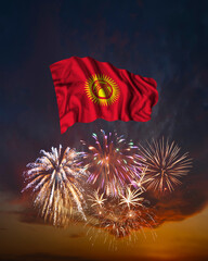 Holiday fireworks and flag of Kyrgyzstan