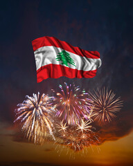 Holiday fireworks and flag of Lebanon