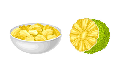 Ripe jackfruit set. Sliced exotic tropical fruit and bowl of juicy pulp vector illustration
