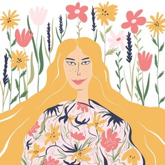 Beautiful young girl surrounded by leaves and flowers.Woman with long hair. Congratulations on Women's Day and Mother's Day.