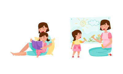 Mom and daughter spending time together set, They are reading book and painting cartoon vector illustration