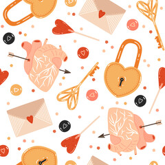 St. Valentine's Day seamless pattern. Key, heart-shaped lock, candies, envelope and human heart pierced with arrow