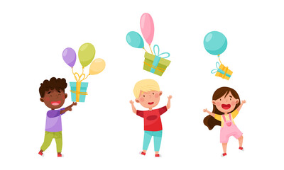 Set of happy boys and girl holding balloons and gift boxes. Children celebrating birthday cartoon vector illustration